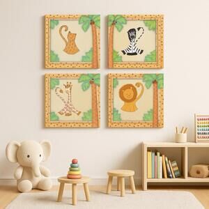 Sandy Russell 2000s Safari Animal Nursery Wall Art Set Of 4, 9x9x1.5” 🎁